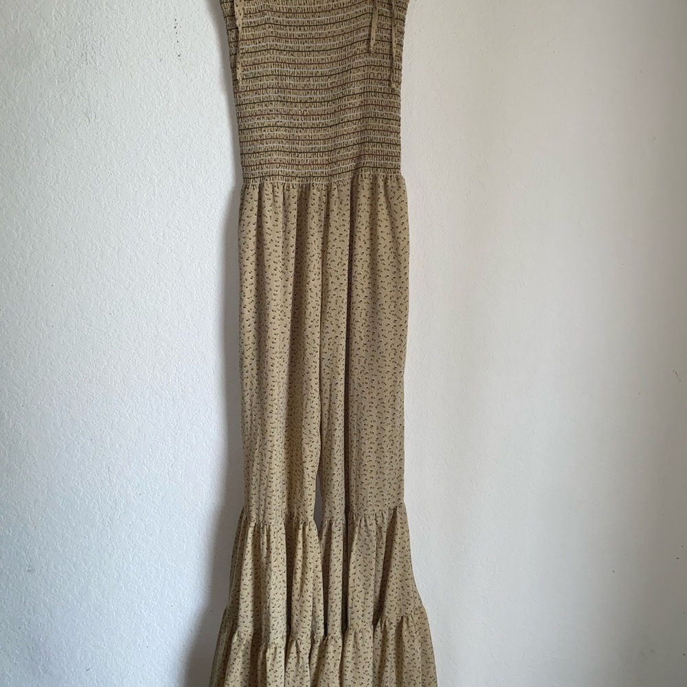 Storia Smocked Boho Hippie Ruffle-Hem Bell Bottom Floral Jumpsuit Mustard M - Picture 6 of 16